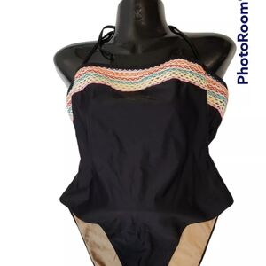0209 NWOT REVOLVE Black One Piece Swimsuit With  Multicolor Zigzag Border